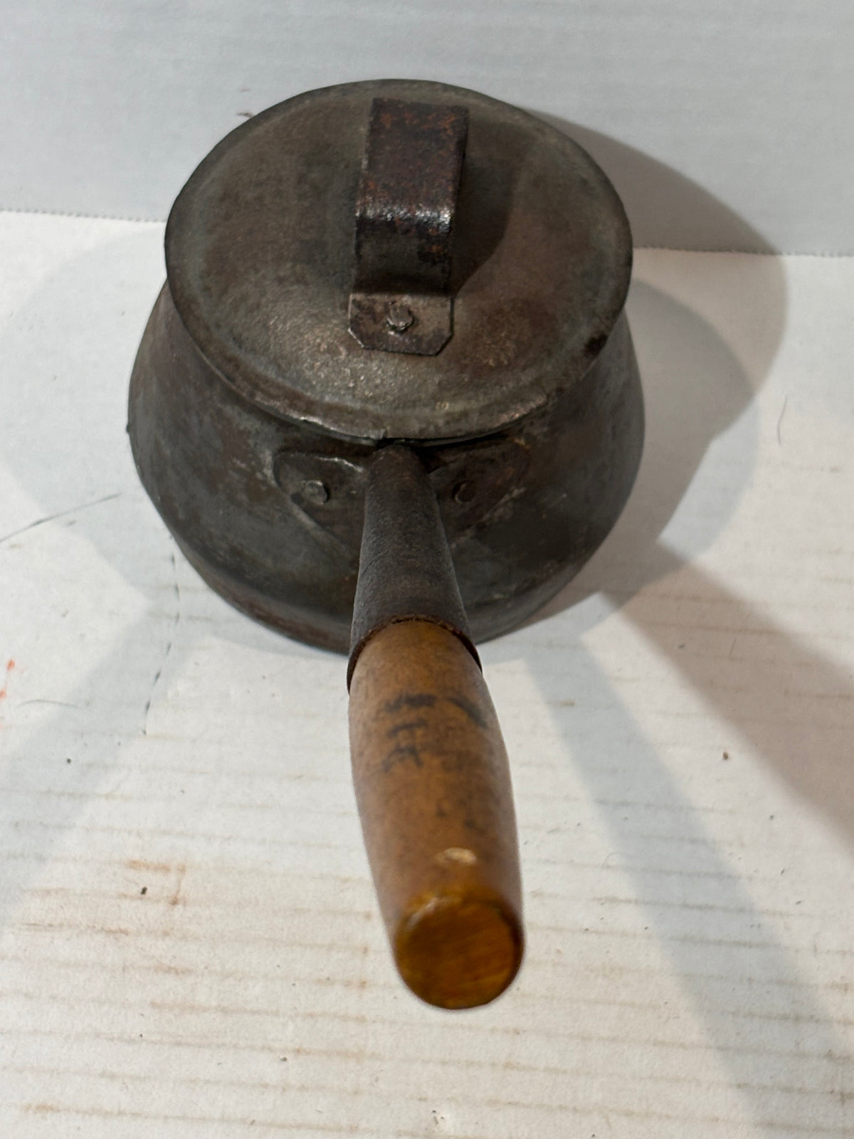 American Tinned Iron Covered Pipkin or Sauce Pot with Forged Handle American, circa 1840–1870.
