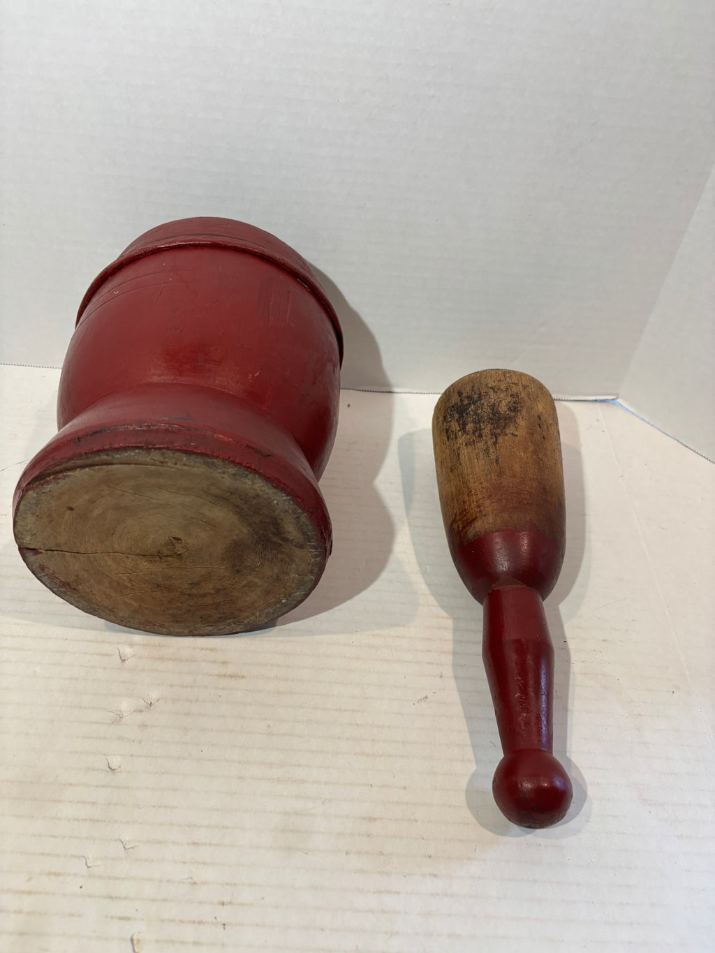 Exceptional Early New England Red-Painted Treenware Mortar and Pestle