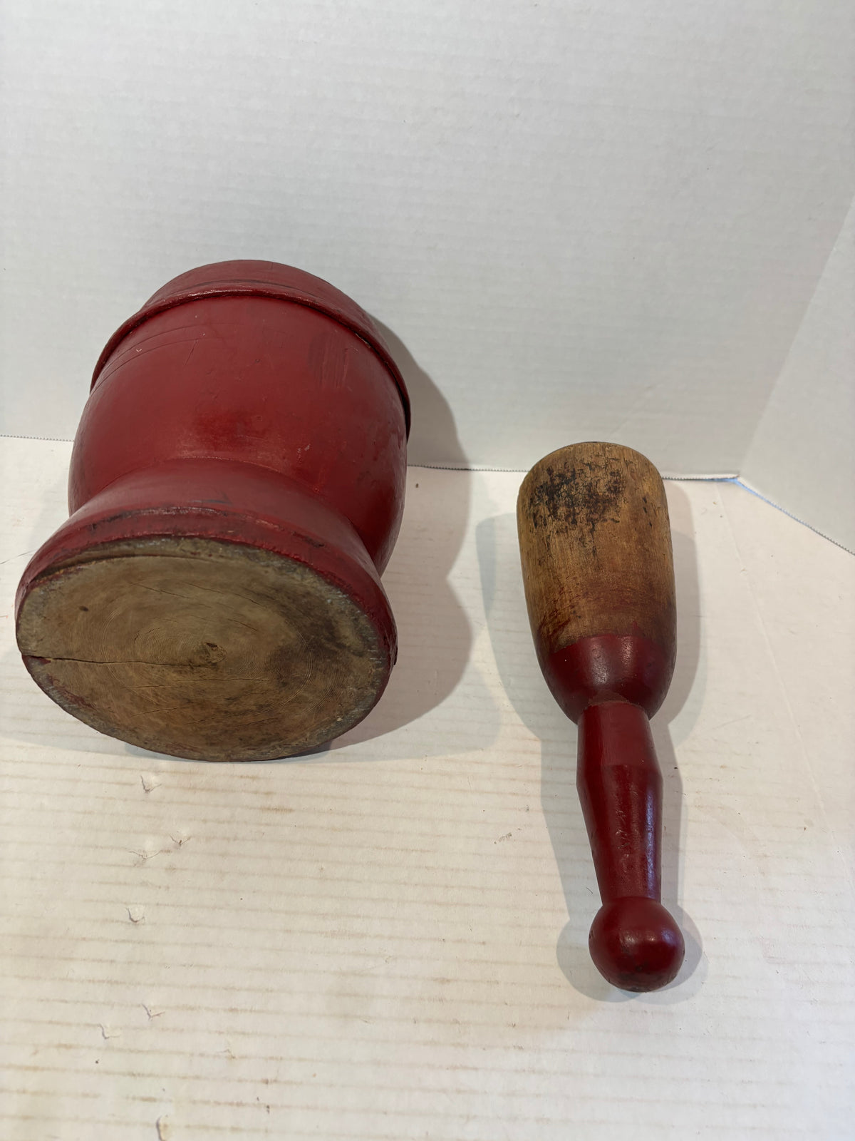 Exceptional Early New England Red-Painted Treenware Mortar and Pestle