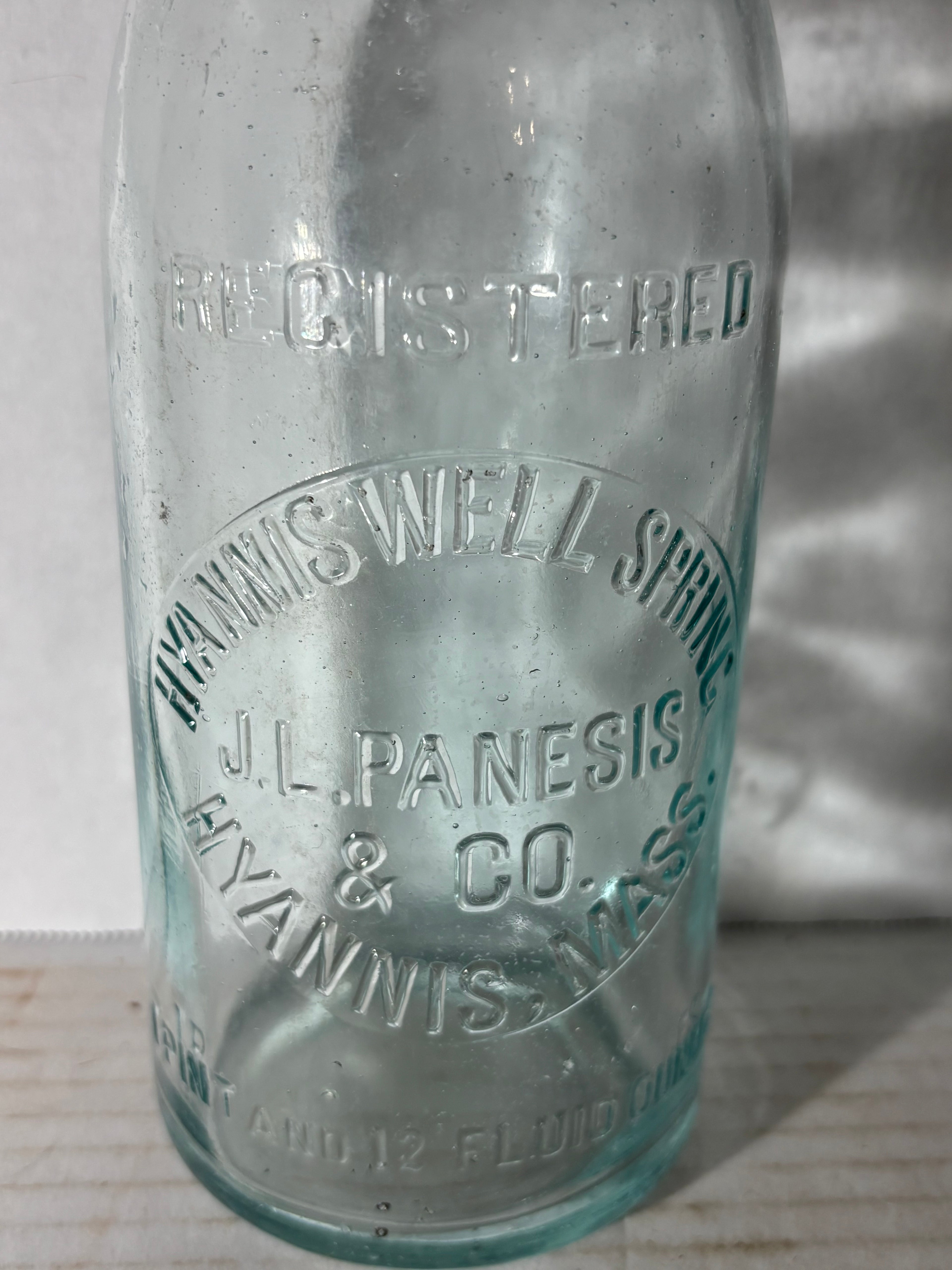 Rare Embossed Hyannis Well Spring Water Bottle
J. L. Panesis & Co., Hyannis, Massachusetts