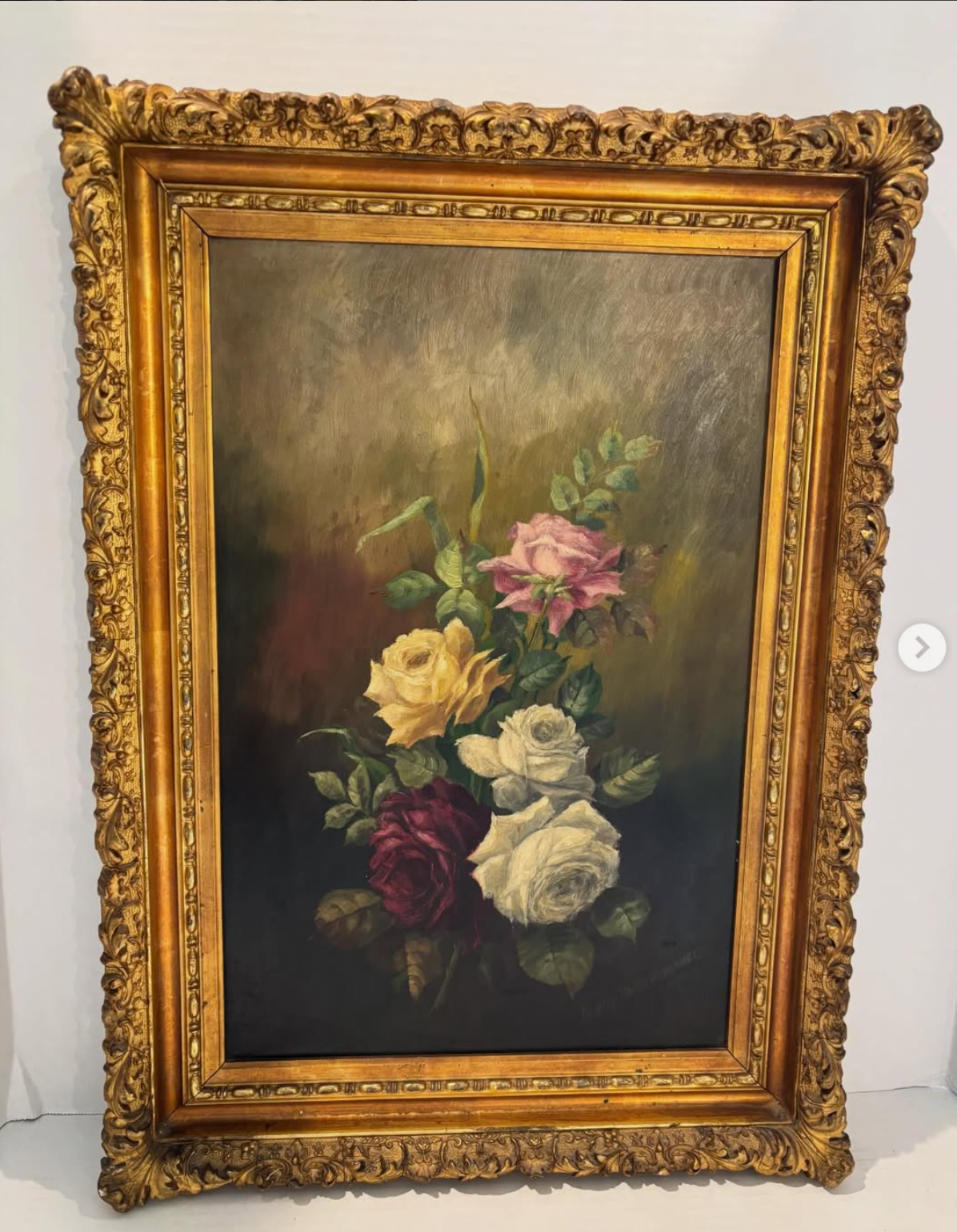 Late 19th / Early 20th Century Signed Oil on Board Floral Still Life in Exceptional Gilt Frame