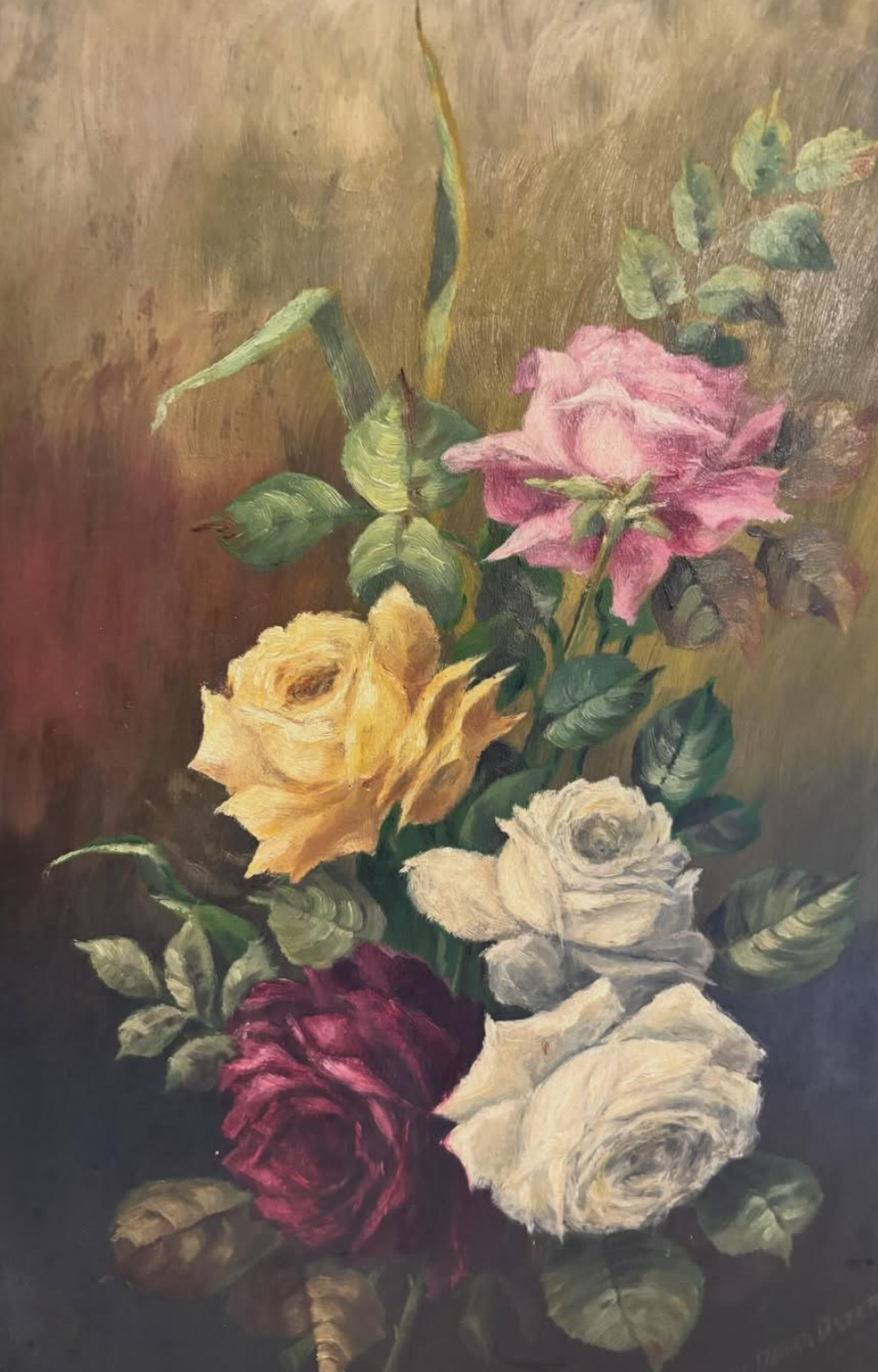 Late 19th / Early 20th Century Signed Oil on Board Floral Still Life in Exceptional Gilt Frame