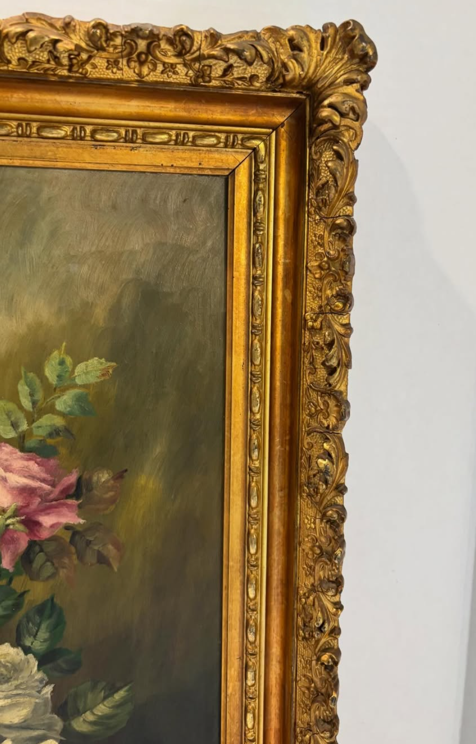 Late 19th / Early 20th Century Signed Oil on Board Floral Still Life in Exceptional Gilt Frame