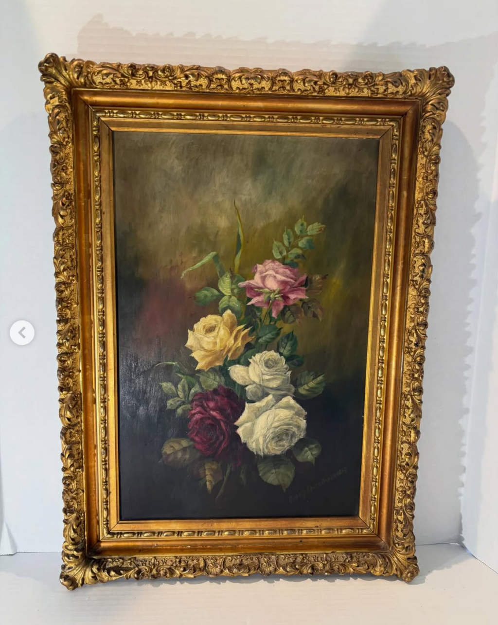 Late 19th / Early 20th Century Signed Oil on Board Floral Still Life in Exceptional Gilt Frame