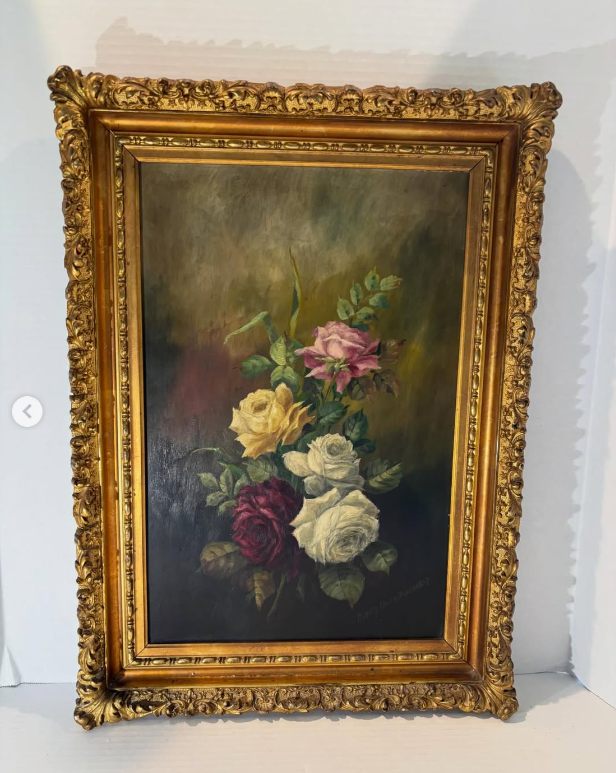 Late 19th / Early 20th Century Signed Oil on Board Floral Still Life in Exceptional Gilt Frame
