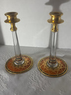 Pair of Bohemian Art Deco Gilt and Enameled Glass Candlesticks Czechoslovakia, circa 1930–1940