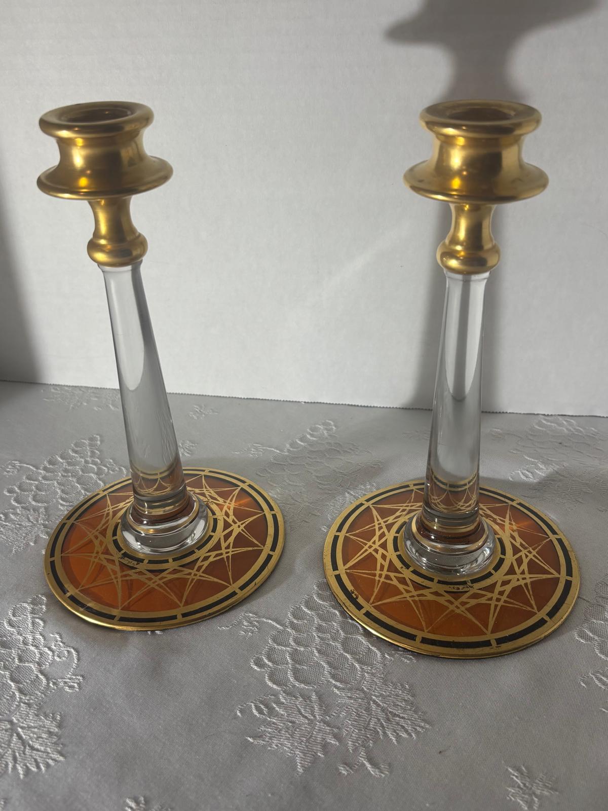 Pair of Bohemian Art Deco Gilt and Enameled Glass Candlesticks Czechoslovakia, circa 1930–1940
