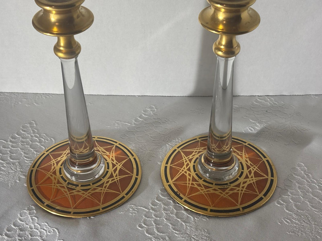 Pair of Bohemian Art Deco Gilt and Enameled Glass Candlesticks Czechoslovakia, circa 1930–1940