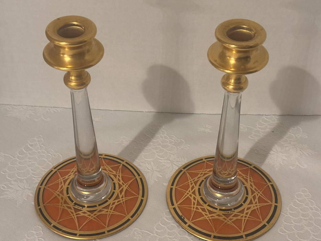 Pair of Bohemian Art Deco Gilt and Enameled Glass Candlesticks Czechoslovakia, circa 1930–1940