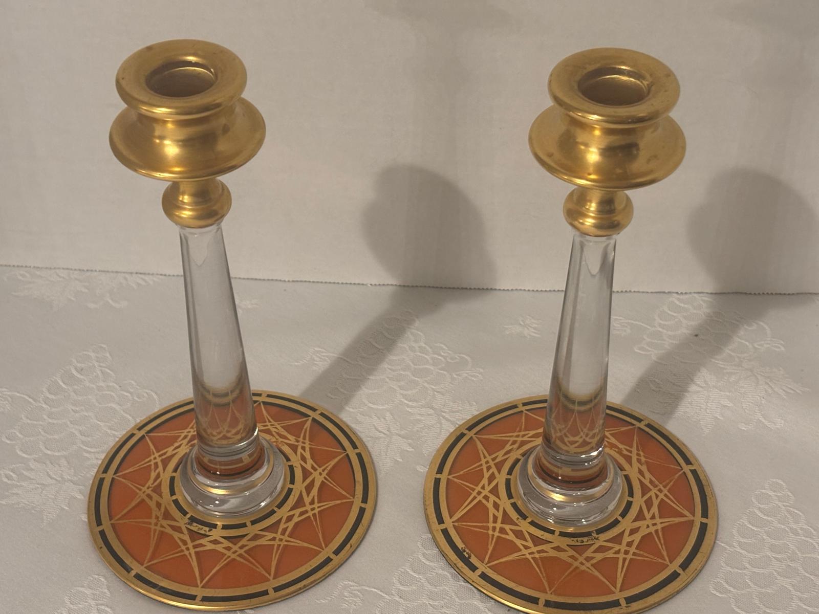 Pair of Bohemian Art Deco Gilt and Enameled Glass Candlesticks Czechoslovakia, circa 1930–1940