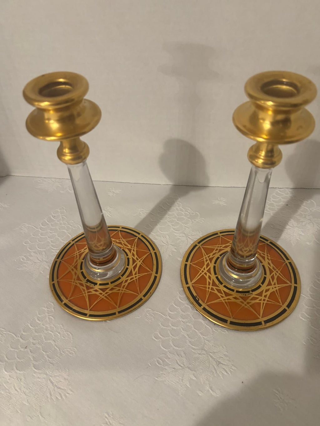 Pair of Bohemian Art Deco Gilt and Enameled Glass Candlesticks Czechoslovakia, circa 1930–1940
