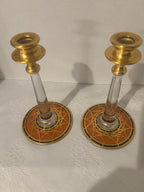 Pair of Bohemian Art Deco Gilt and Enameled Glass Candlesticks Czechoslovakia, circa 1930–1940