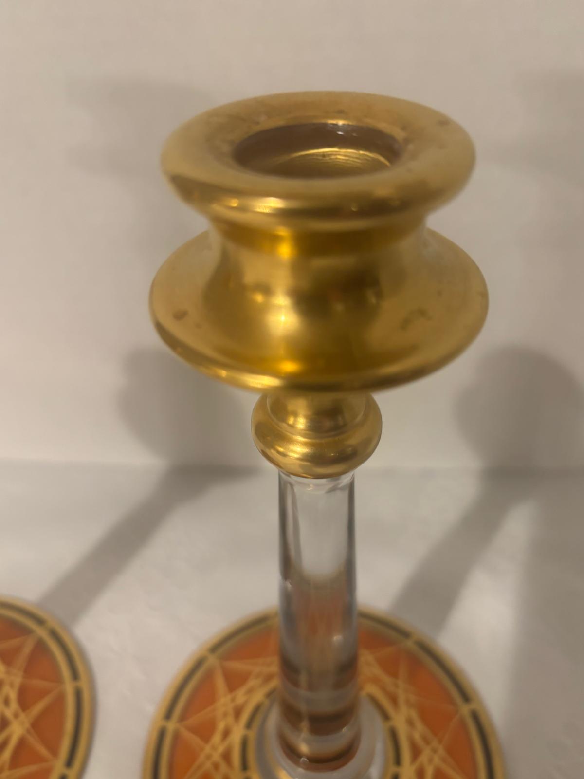 Pair of Bohemian Art Deco Gilt and Enameled Glass Candlesticks Czechoslovakia, circa 1930–1940