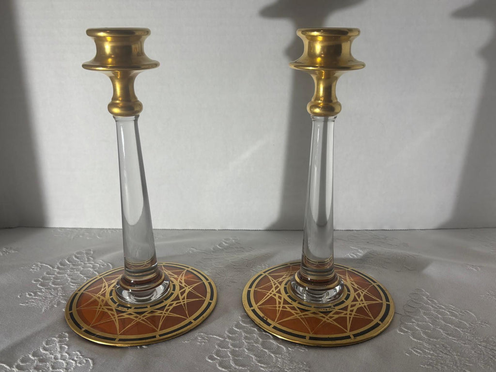 Pair of Bohemian Art Deco Gilt and Enameled Glass Candlesticks Czechoslovakia, circa 1930–1940