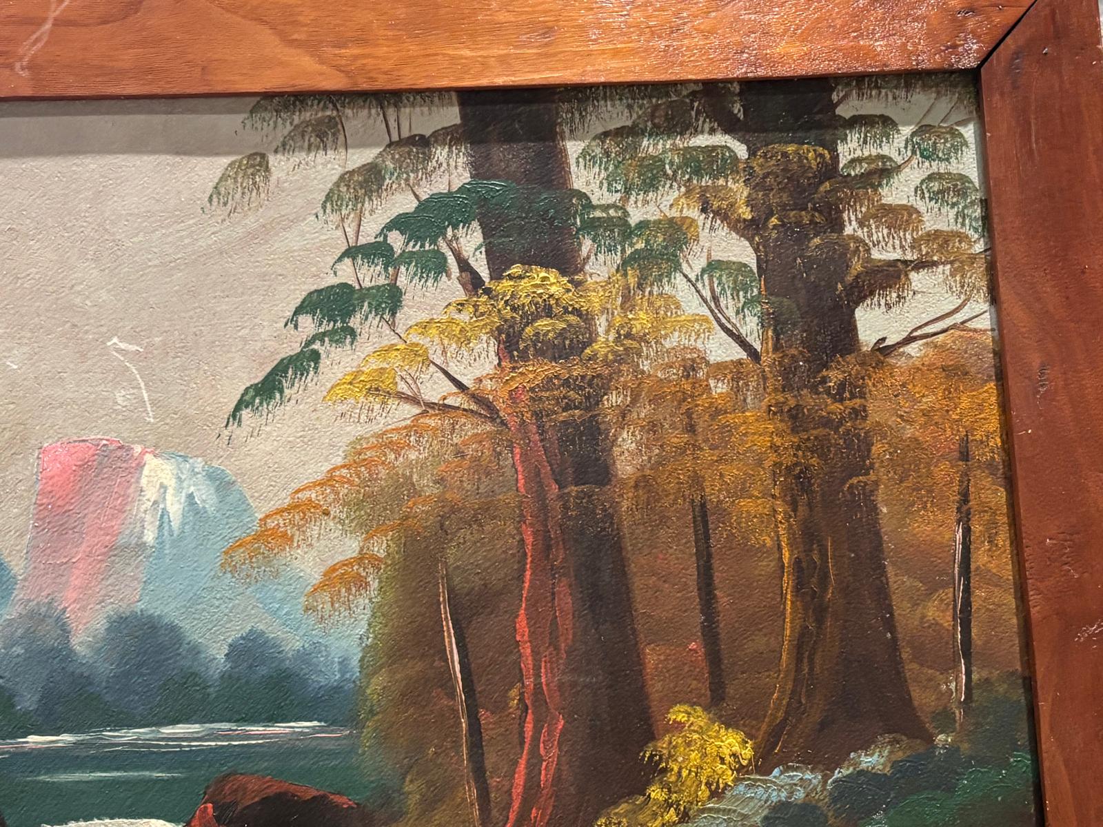 American Folk Landscape, Dated 1932 Oil on Upson Board Fiber Panel 36 x 20 inches (framed)