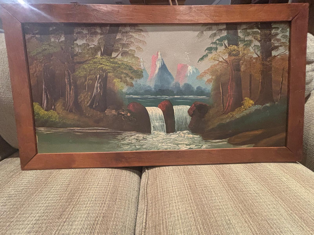 American Folk Landscape, Dated 1932 Oil on Upson Board Fiber Panel 36 x 20 inches (framed)