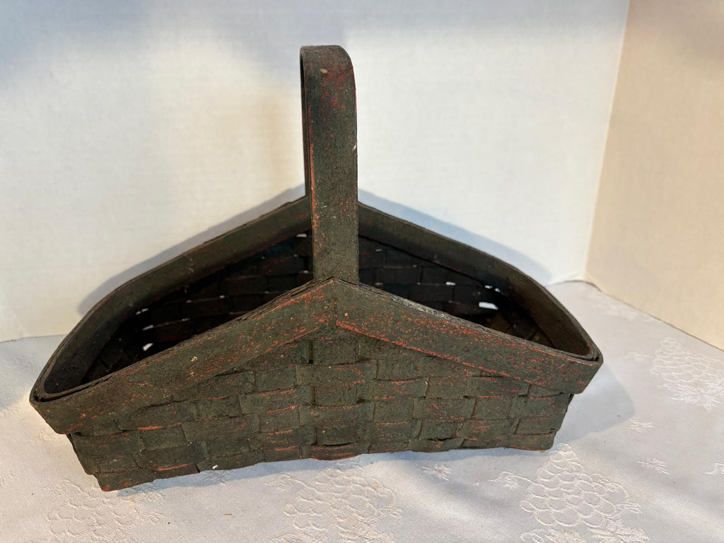 Rare Triangular “Winged” Gathering Basket in Original Green over Red Paint American, mid–late 19th century