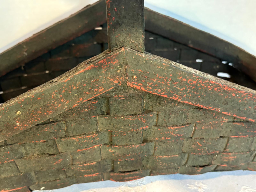 Rare Triangular “Winged” Gathering Basket in Original Green over Red Paint American, mid–late 19th century