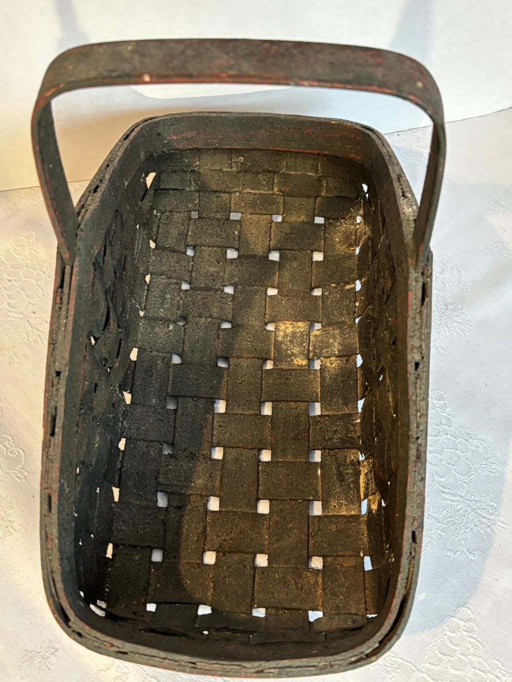 Rare Triangular “Winged” Gathering Basket in Original Green over Red Paint American, mid–late 19th century
