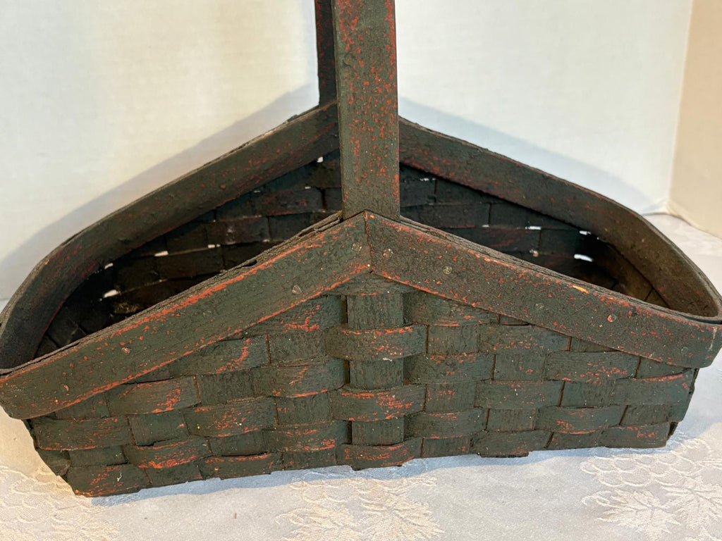 Rare Triangular “Winged” Gathering Basket in Original Green over Red Paint American, mid–late 19th century