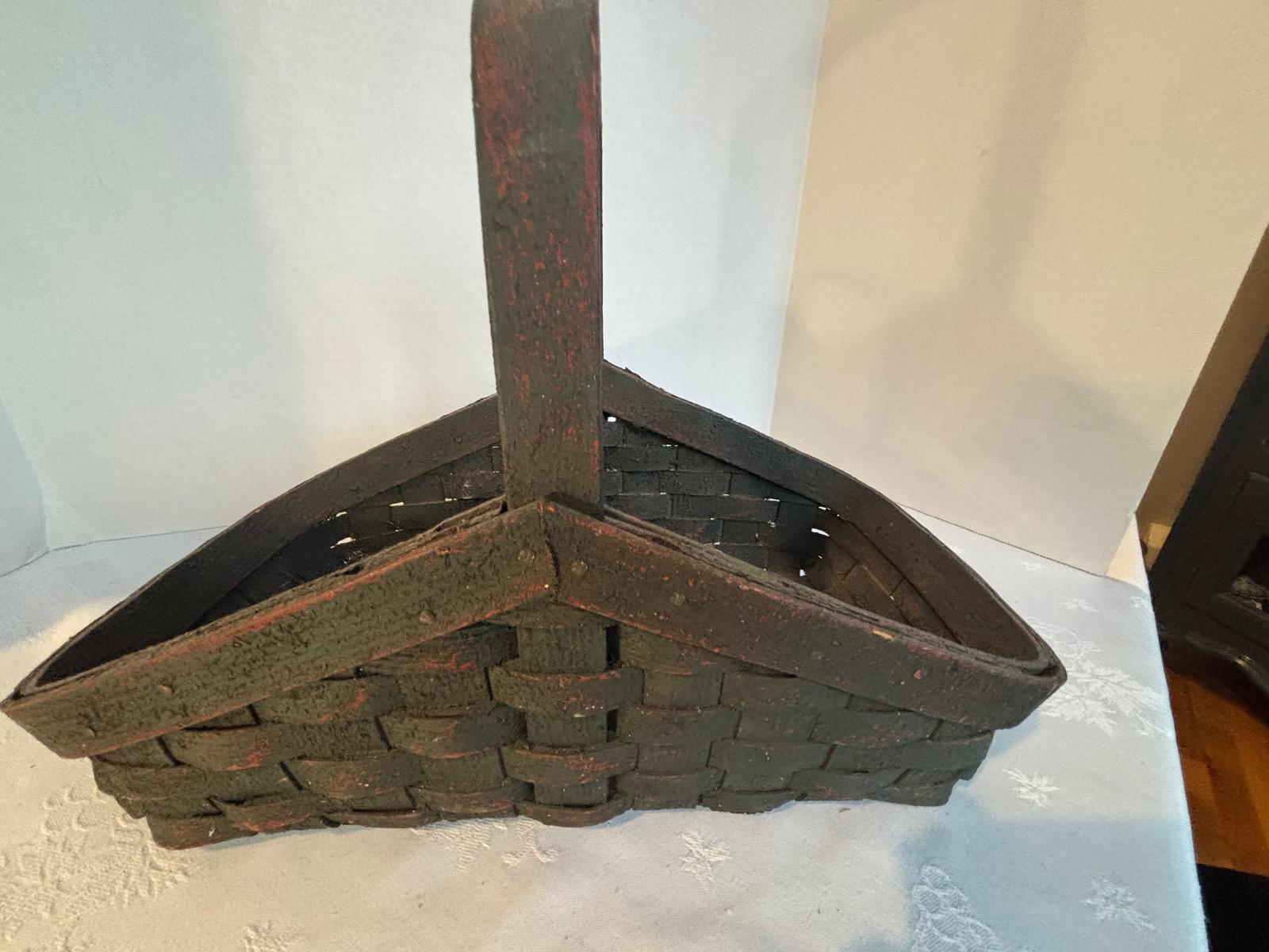 Rare Triangular “Winged” Gathering Basket in Original Green over Red Paint American, mid–late 19th century