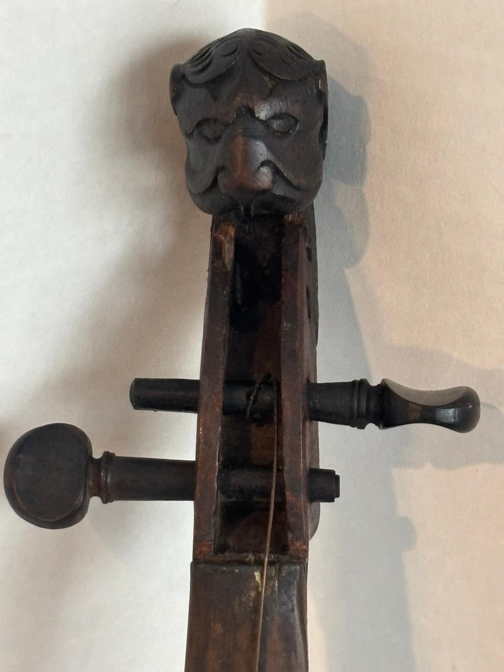 Patriotic Lion-Head Violin with Hand-Painted American Eagle, in Original Coffin Case Inscribed “James Tucker” , likely made in Germany, exported to the U.S mid-19th century