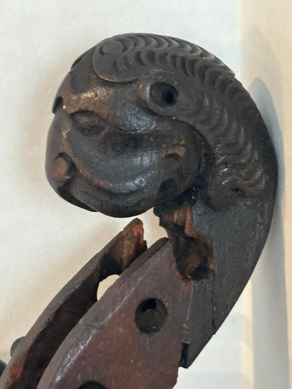 Patriotic Lion-Head Violin with Hand-Painted American Eagle, in Original Coffin Case Inscribed “James Tucker” , likely made in Germany, exported to the U.S mid-19th century