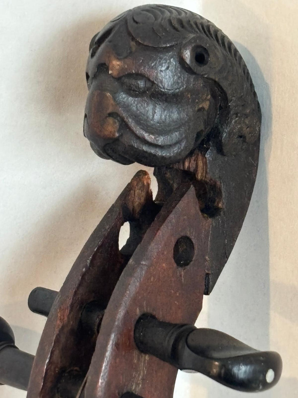 Patriotic Lion-Head Violin with Hand-Painted American Eagle, in Original Coffin Case Inscribed “James Tucker” , likely made in Germany, exported to the U.S mid-19th century