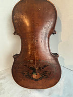Patriotic Lion-Head Violin with Hand-Painted American Eagle, in Original Coffin Case Inscribed “James Tucker” , likely made in Germany, exported to the U.S mid-19th century