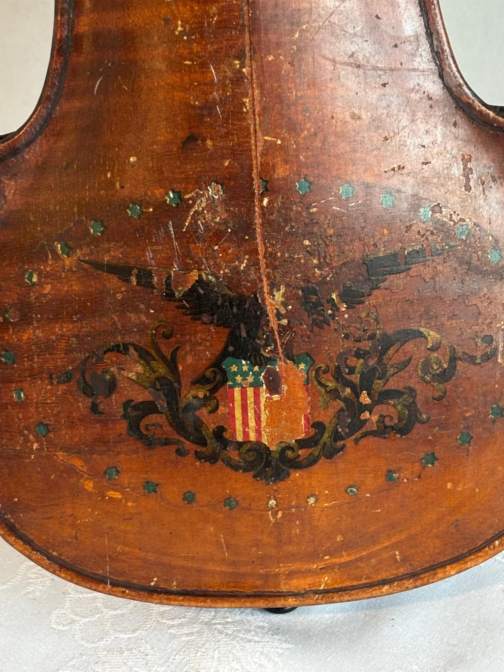 Patriotic Lion-Head Violin with Hand-Painted American Eagle, in Original Coffin Case Inscribed “James Tucker” , likely made in Germany, exported to the U.S mid-19th century