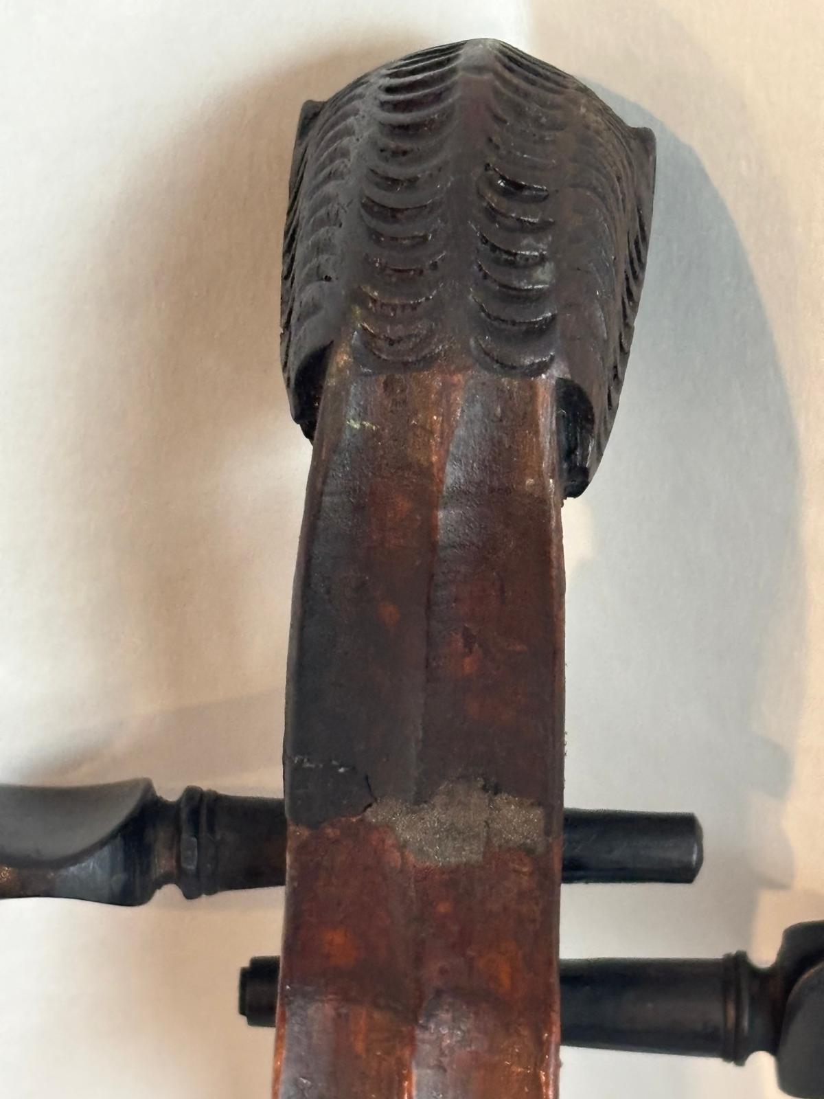 Patriotic Lion-Head Violin with Hand-Painted American Eagle, in Original Coffin Case Inscribed “James Tucker” , likely made in Germany, exported to the U.S mid-19th century