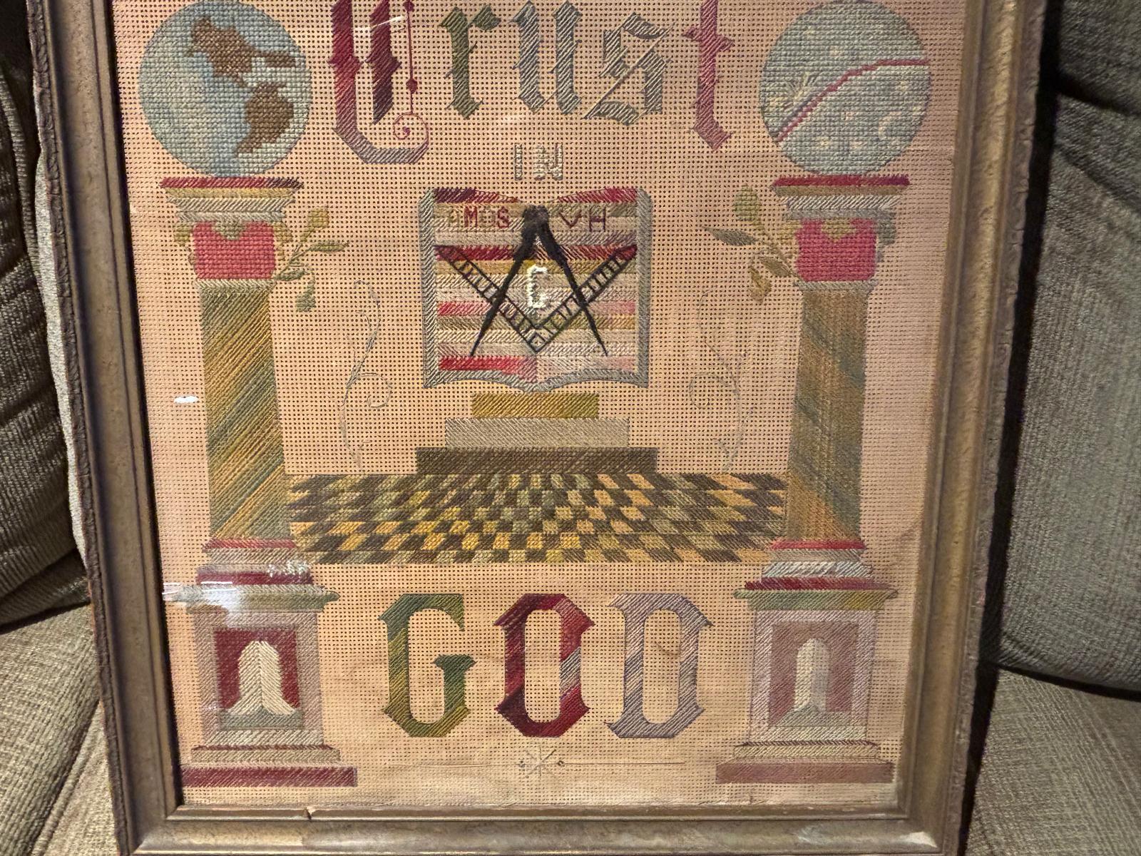 American Masonic Needlework Sampler — “Trust in God” Gertrude O’Conner, Harvey, Illinois, circa 1880s
