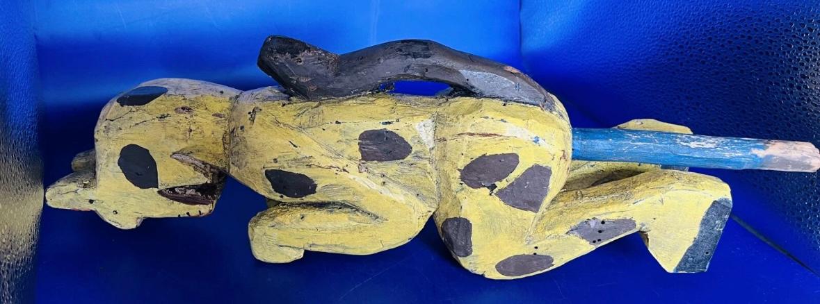 Carved and Painted Yellow Cat Pole Figure