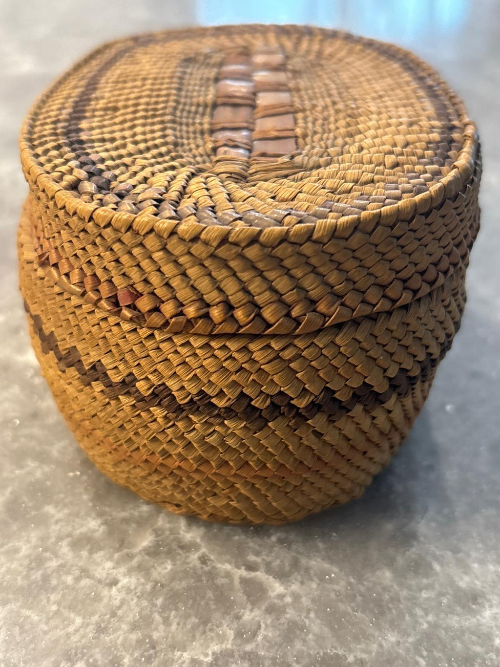 Fine Miniature Northwest Coast Twined and Imbricated Lidded Basket