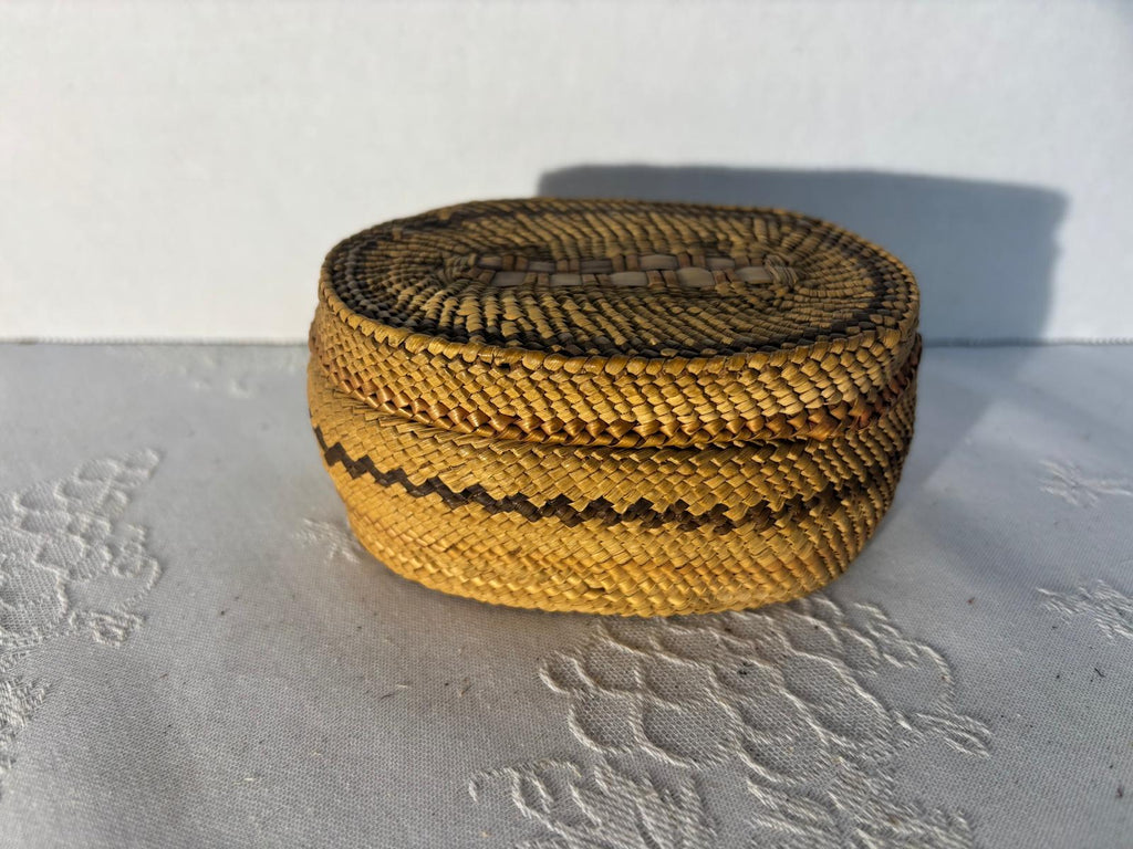Fine Miniature Northwest Coast Twined and Imbricated Lidded Basket