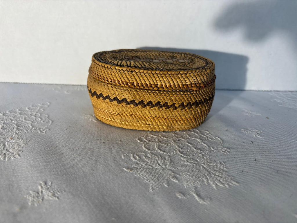 Fine Miniature Northwest Coast Twined and Imbricated Lidded Basket