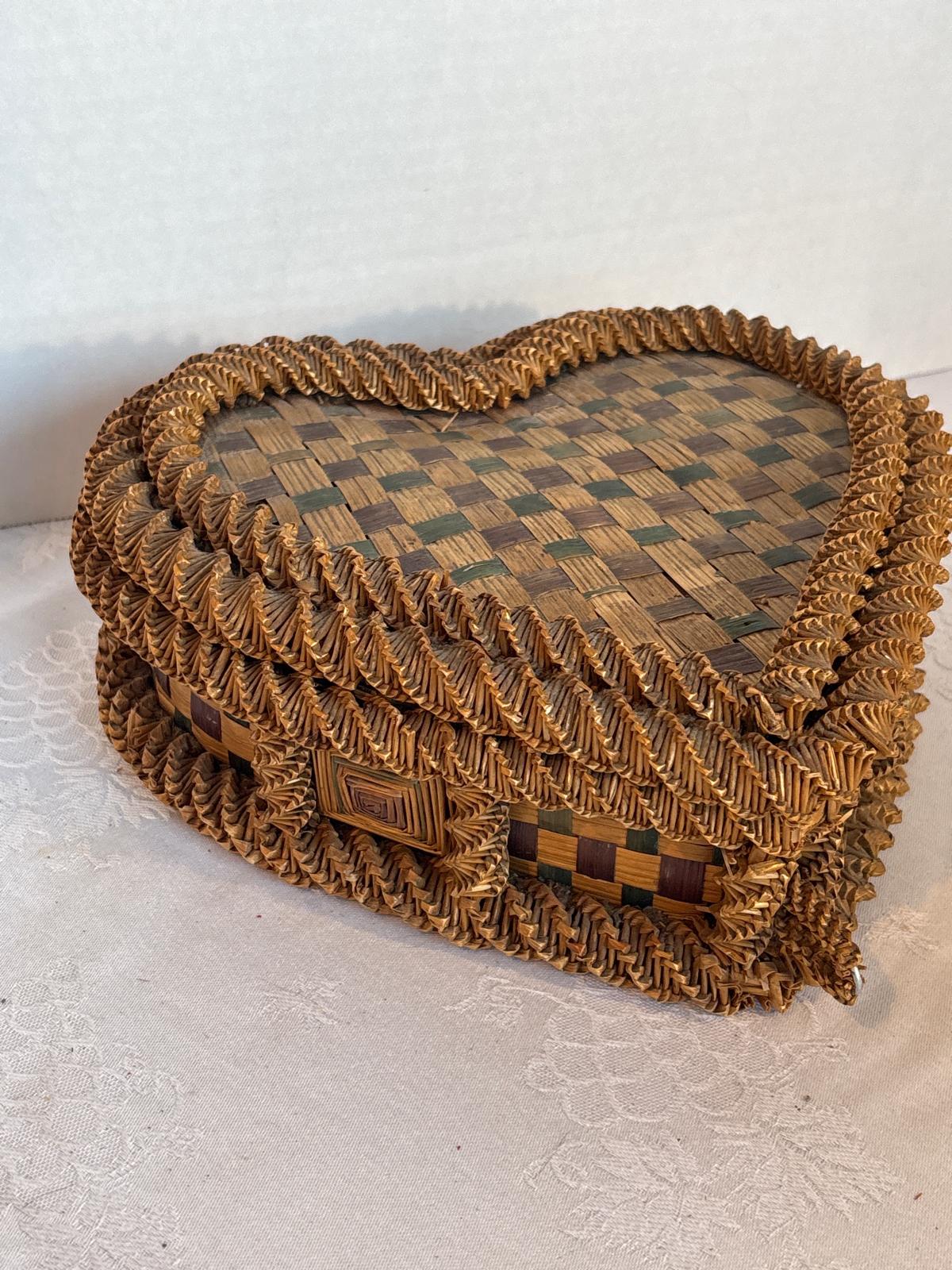 19th Century American or European Folk Art Fancy Splint Heart-Shaped Sewing Basket