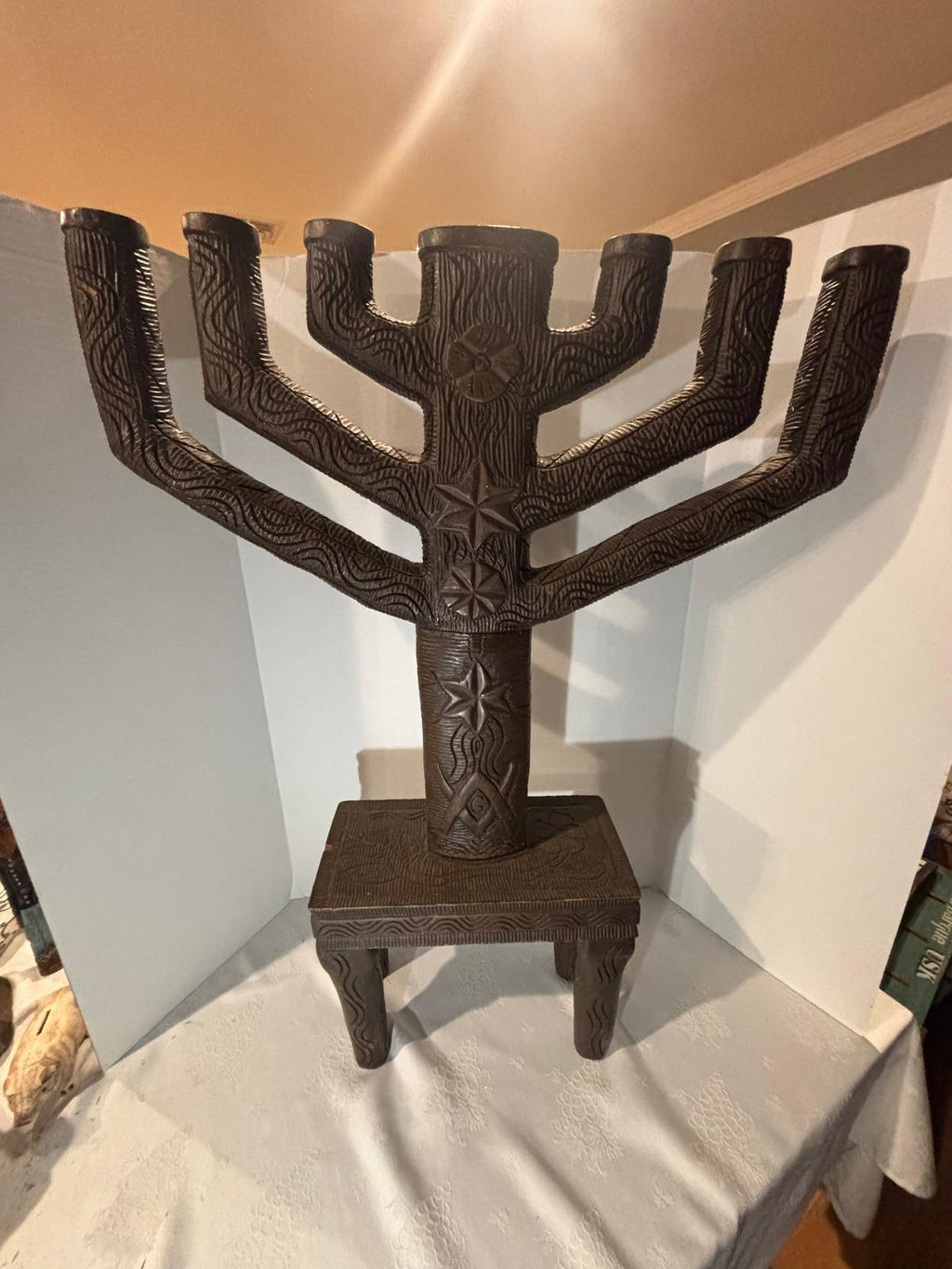 Monumental Folk-Carved Masonic Seven-Light Candelabrum (“Candle-Tree”), signed “MAX FERNAND,” c. 1925–1945.