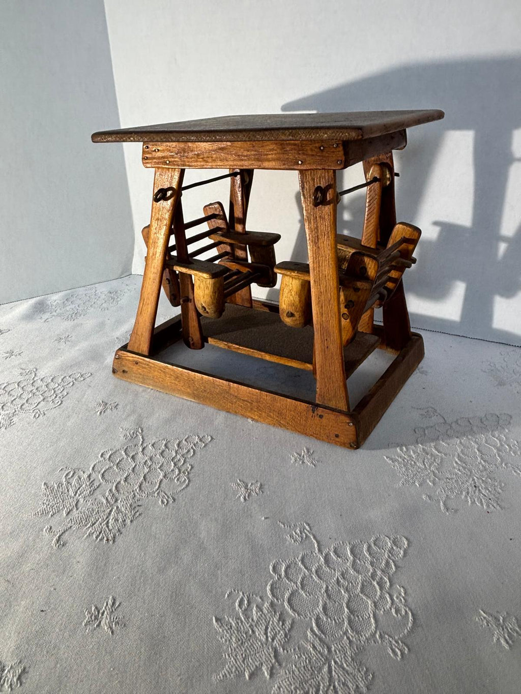 Early 20th Century Folk Art Miniature Porch Swing Model in Reclaimed Advertising Wood