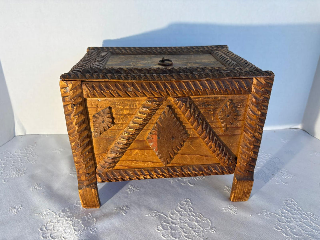 American Tramp Art Carved Box on Stand Late 19th–early 20th century