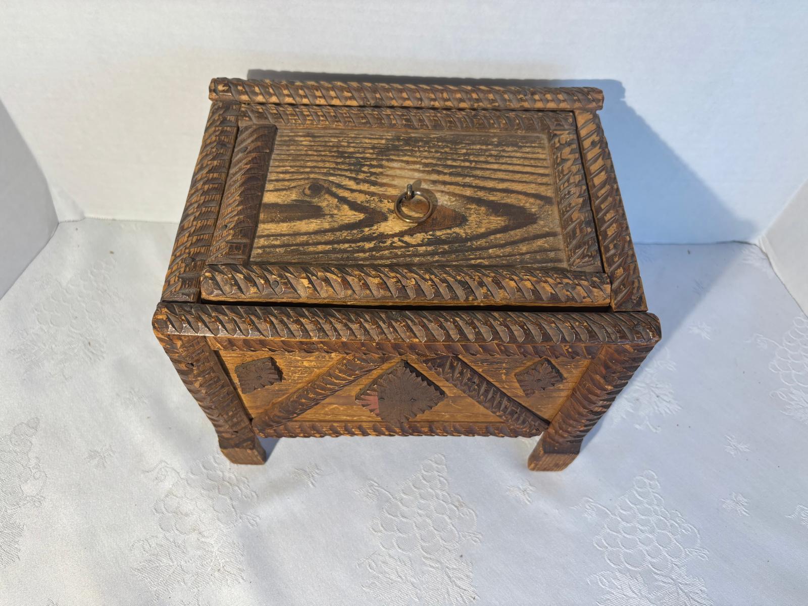 American Tramp Art Carved Box on Stand Late 19th–early 20th century