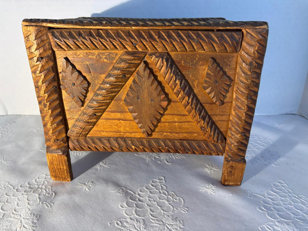 American Tramp Art Carved Box on Stand Late 19th–early 20th century