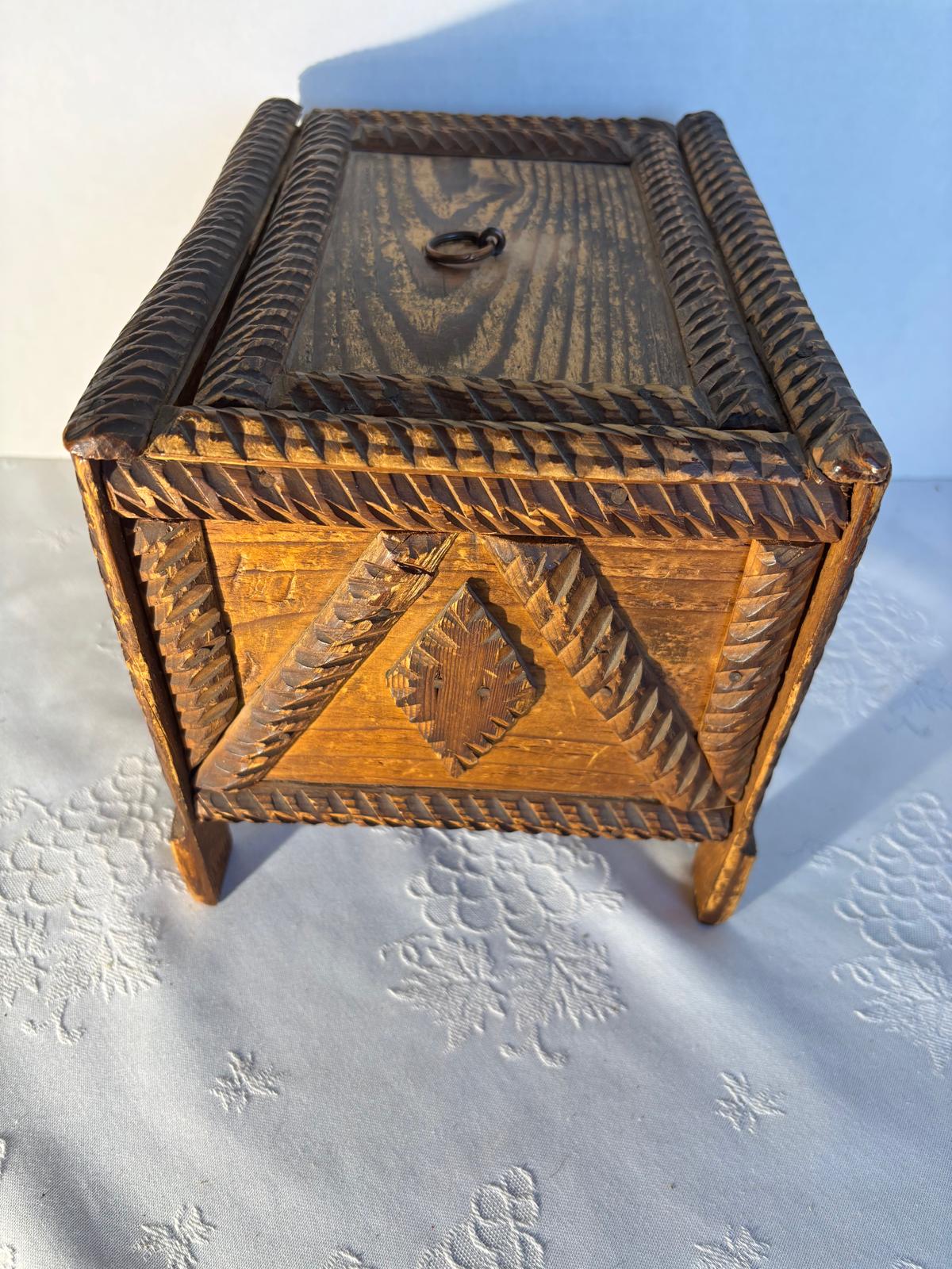 American Tramp Art Carved Box on Stand Late 19th–early 20th century