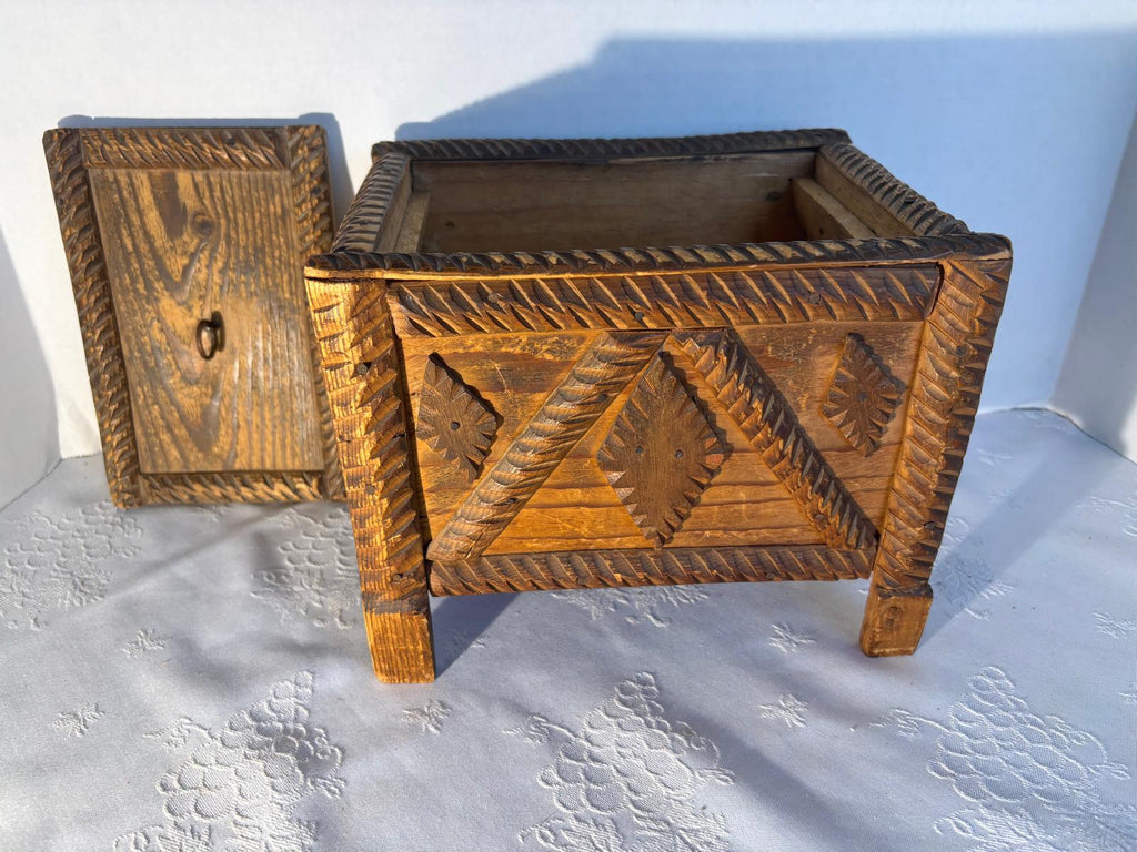 American Tramp Art Carved Box on Stand Late 19th–early 20th century