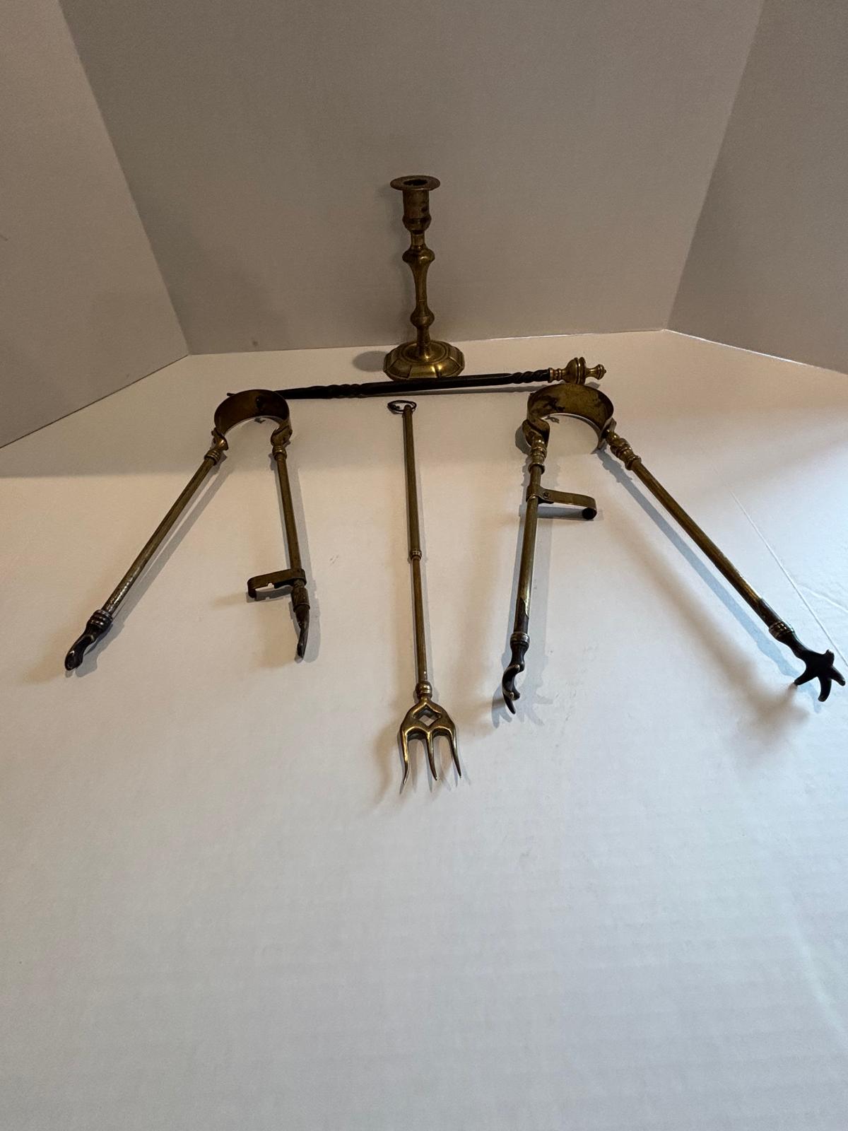 Fine Early American Brass and Iron Hearth Ensemble, 18th–Early 19th Century