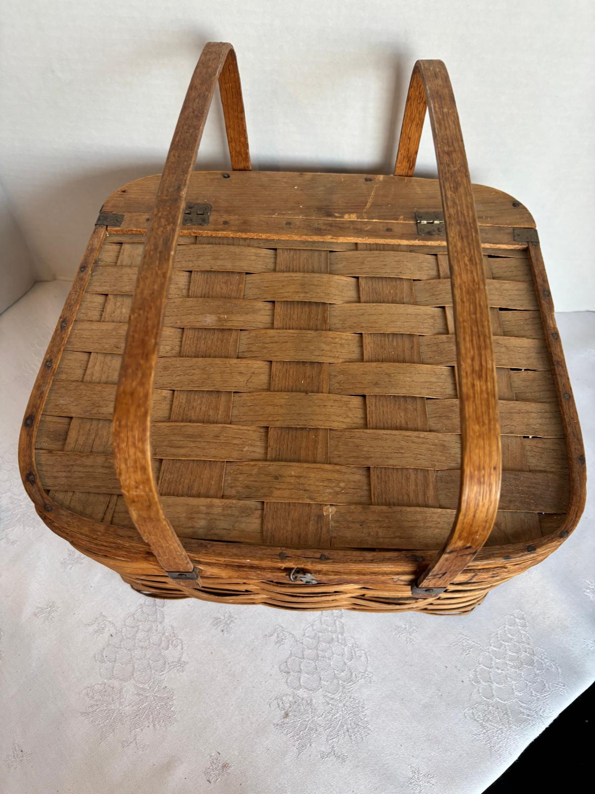 Exceptional Early 20th Century American Covered Picnic / Pie Carrier Basket with Original Interior Tray