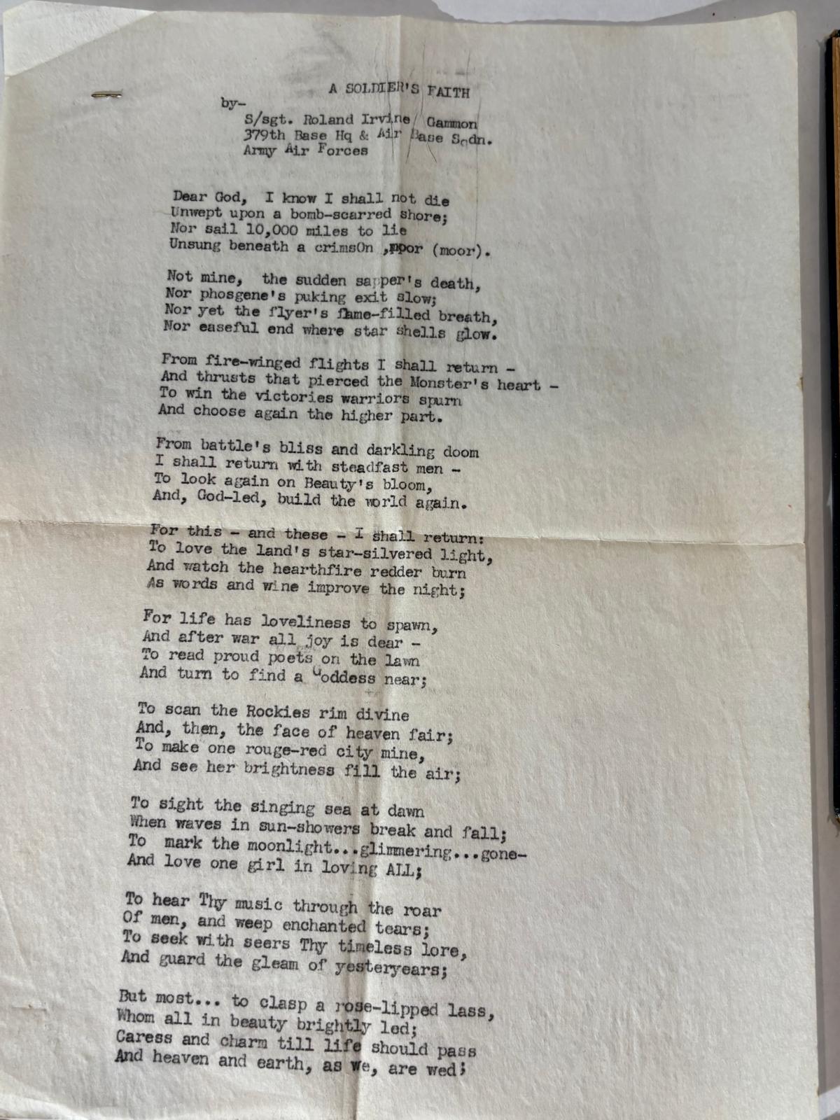 WWII TYPESCRIPT POEM FOUND IN SARA TEASDALE VOLUME — ROLAND IRVINE GAMMON, ARMY AIR FORCES, c. 1943