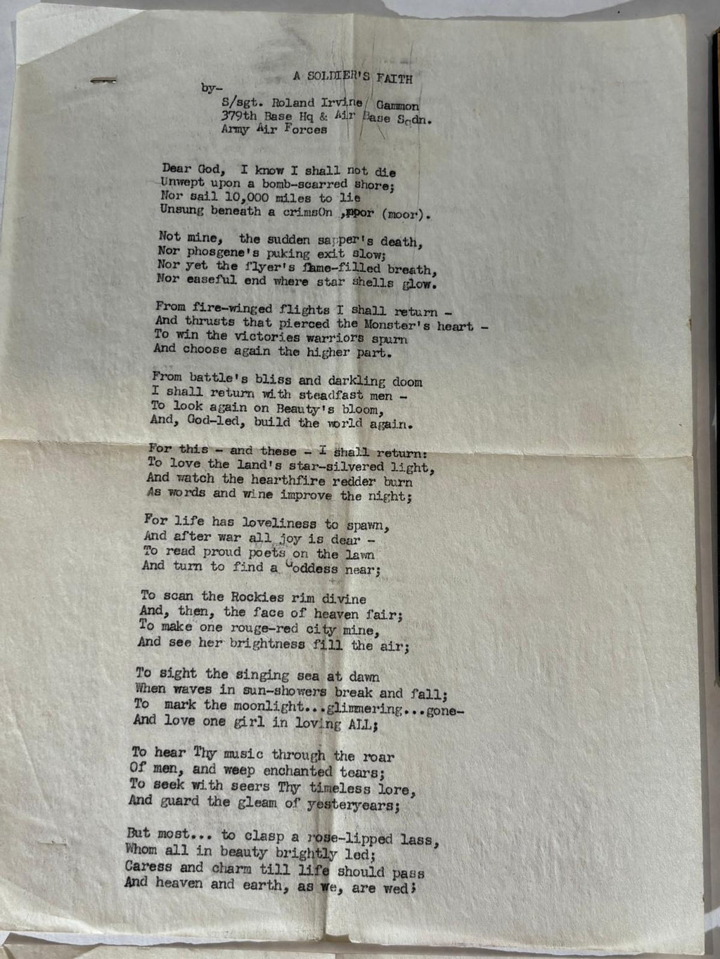 WWII TYPESCRIPT POEM FOUND IN SARA TEASDALE VOLUME — ROLAND IRVINE GAMMON, ARMY AIR FORCES, c. 1943