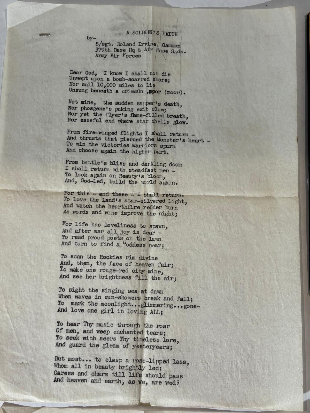 WWII TYPESCRIPT POEM FOUND IN SARA TEASDALE VOLUME — ROLAND IRVINE GAMMON, ARMY AIR FORCES, c. 1943