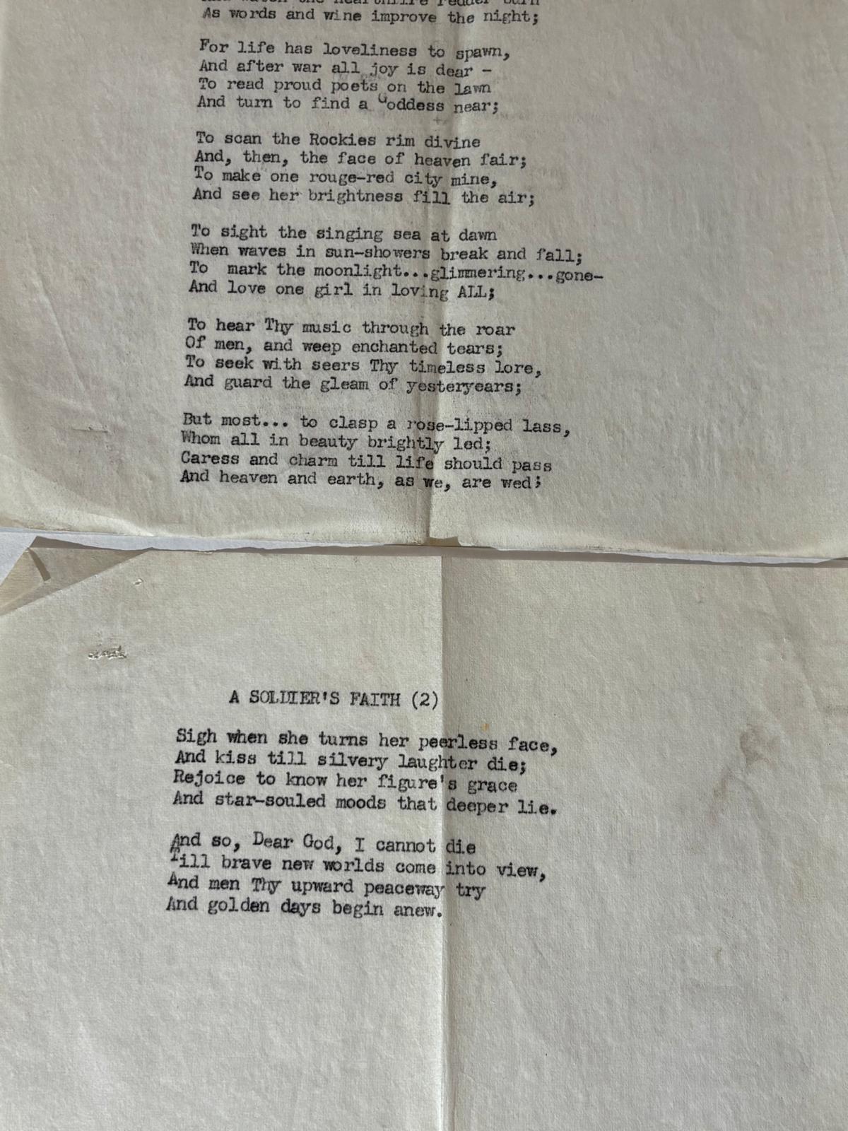 WWII TYPESCRIPT POEM FOUND IN SARA TEASDALE VOLUME — ROLAND IRVINE GAMMON, ARMY AIR FORCES, c. 1943